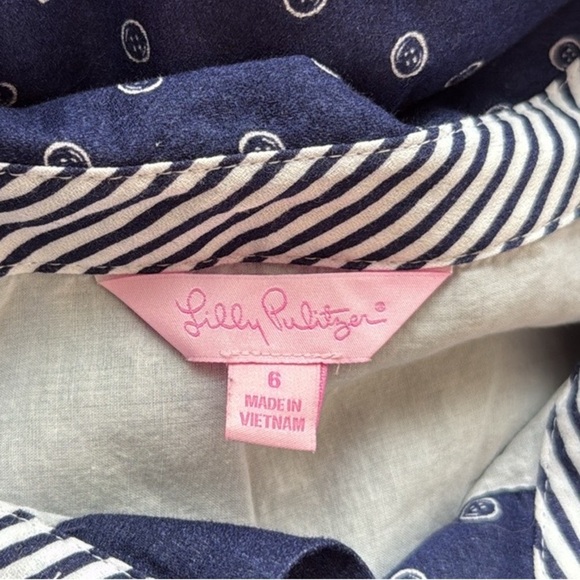 Lily Pulitzer Navy Blue and White Davie Button Print Shirt Dress. Size 6. - Picture 9 of 11